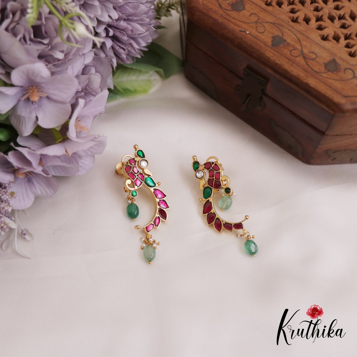 Beautiful Peacock Motifs Jadau Ear Climbers With Green Bead Drops E908