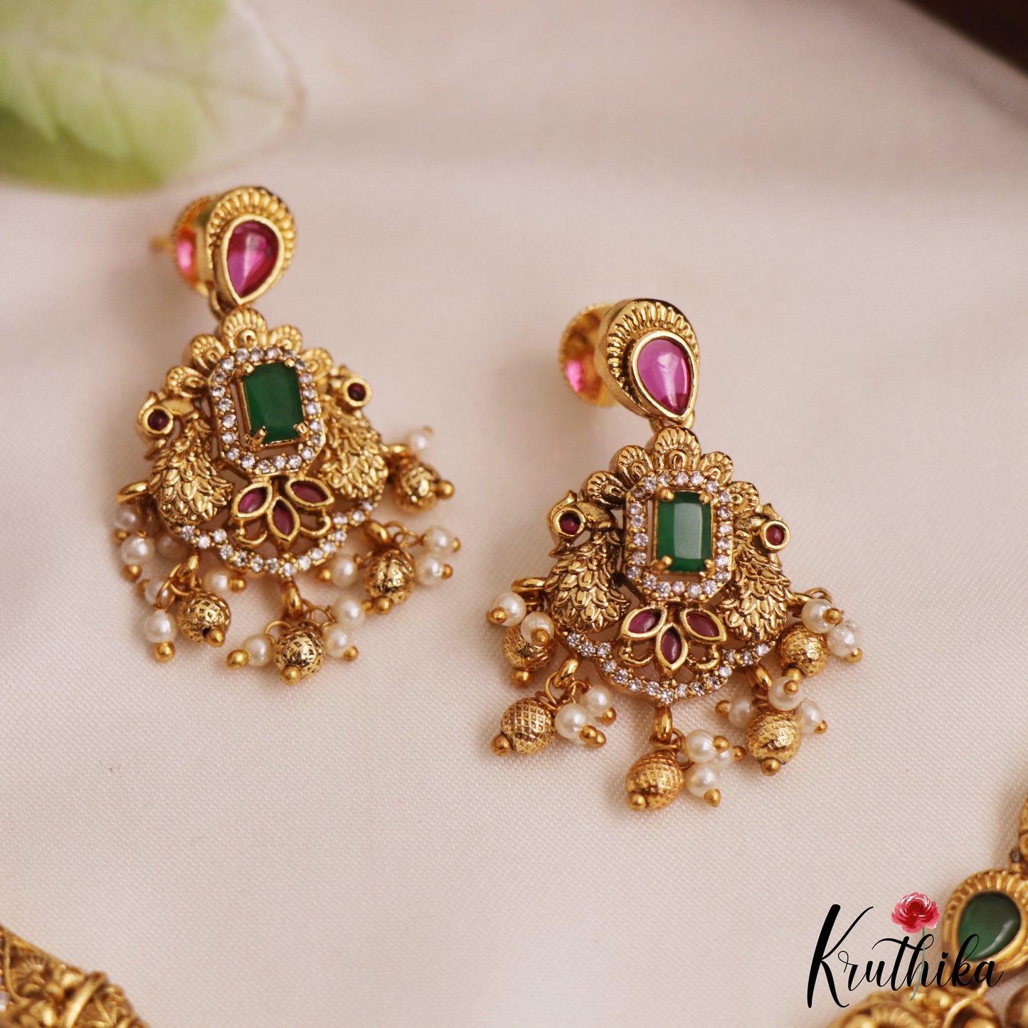 Elegant Antique Peacock Motifs Choker With Golden Bead Drops NC2784