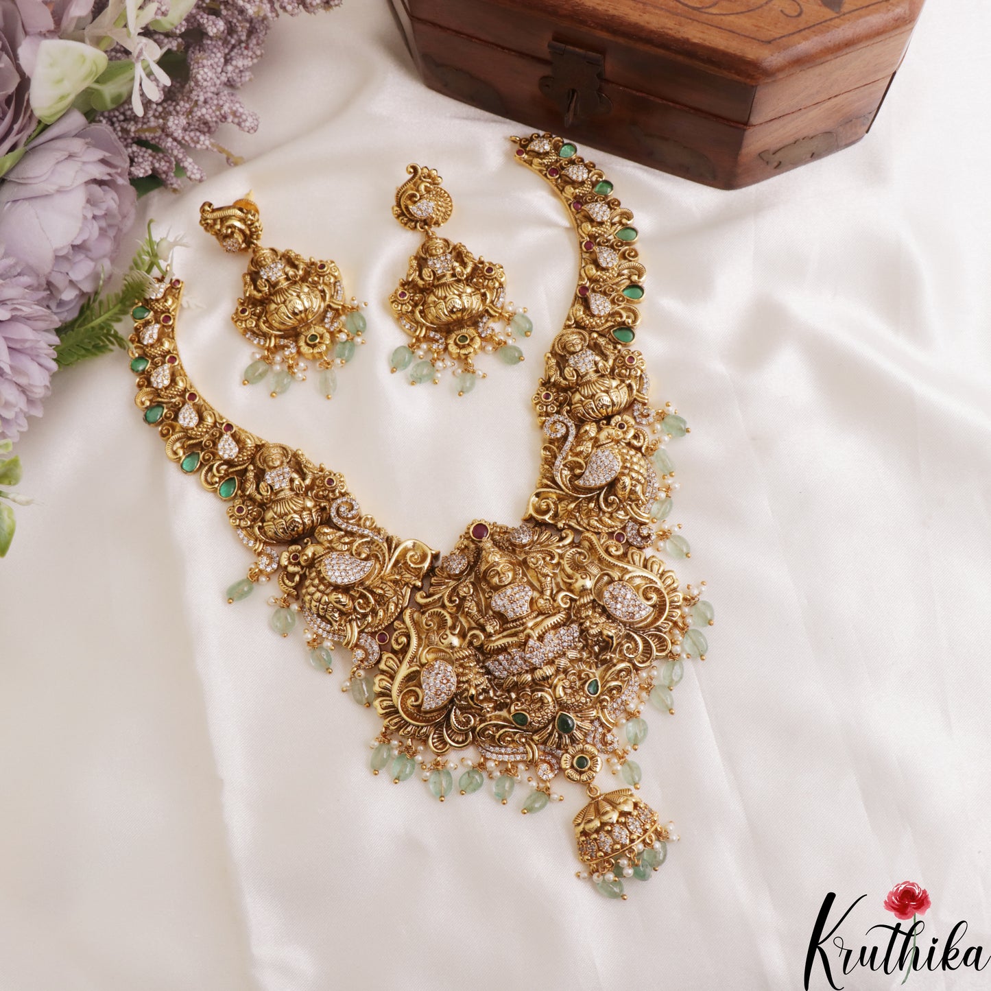 Premium Antique Nagas Lakshmi Peacock Motifs Necklace With Mint Green Bead Drops NC3078