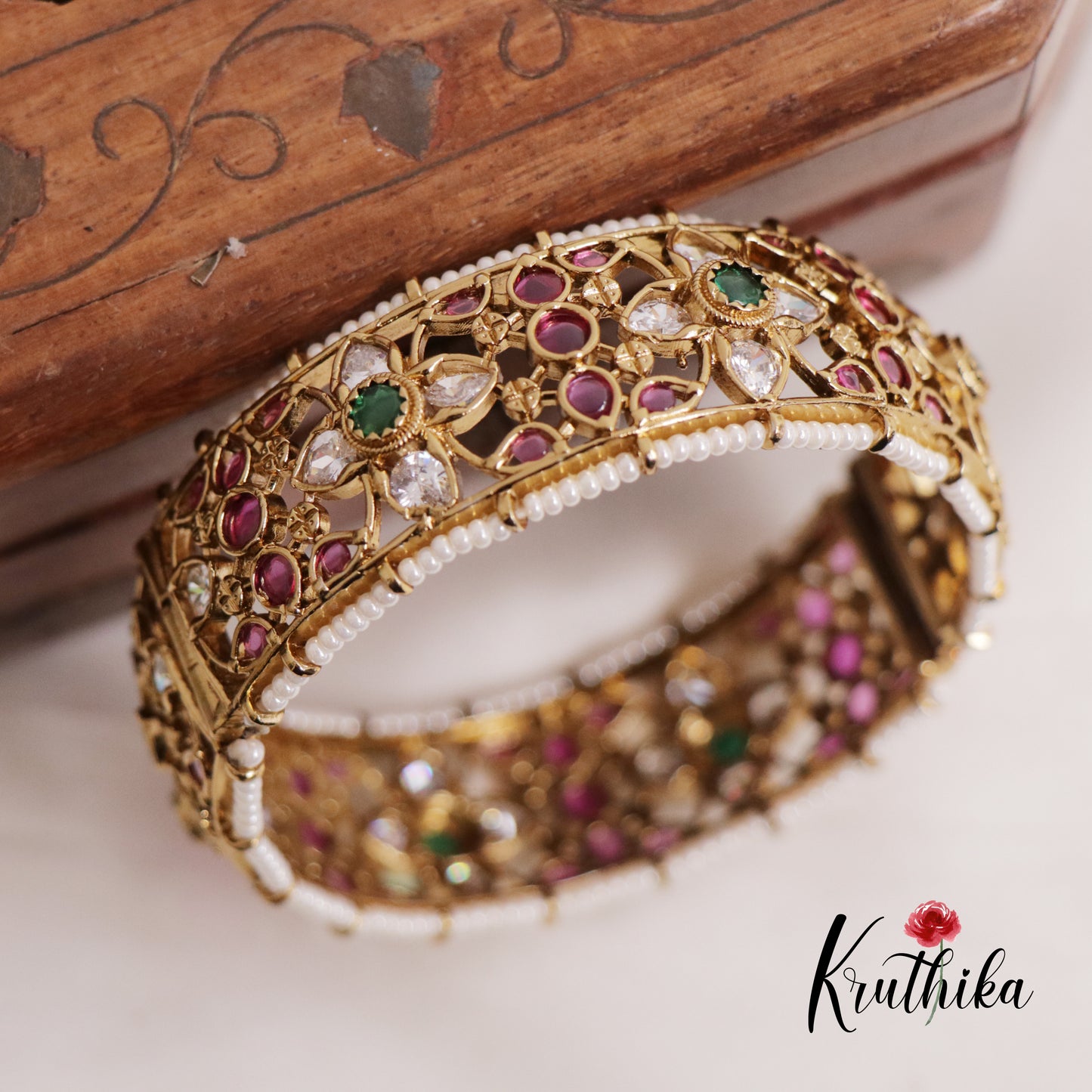 Royal Ruby Floral Kemp Openable Single Kada B320 (Available in 3 Colours)