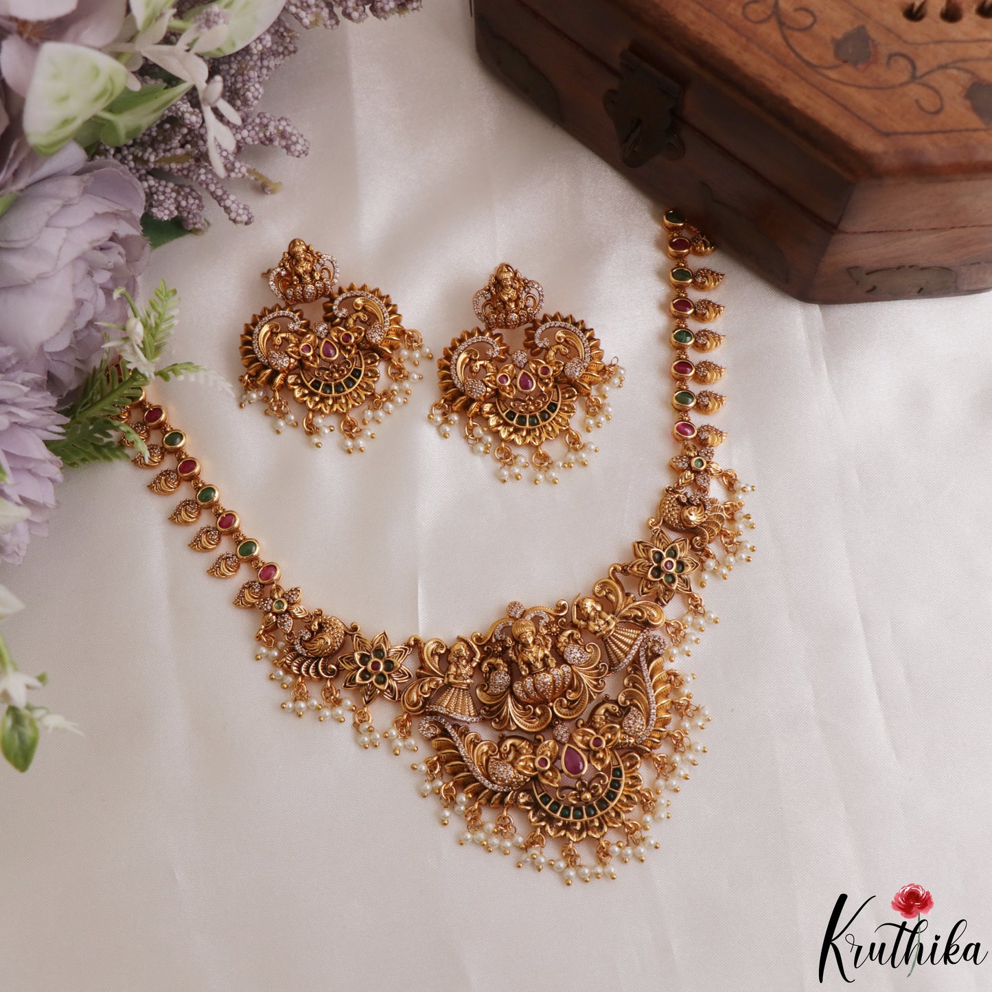 Classic Antique Lakshmi Peacock Motifs Temple Necklace With Pearl Drops NC3108