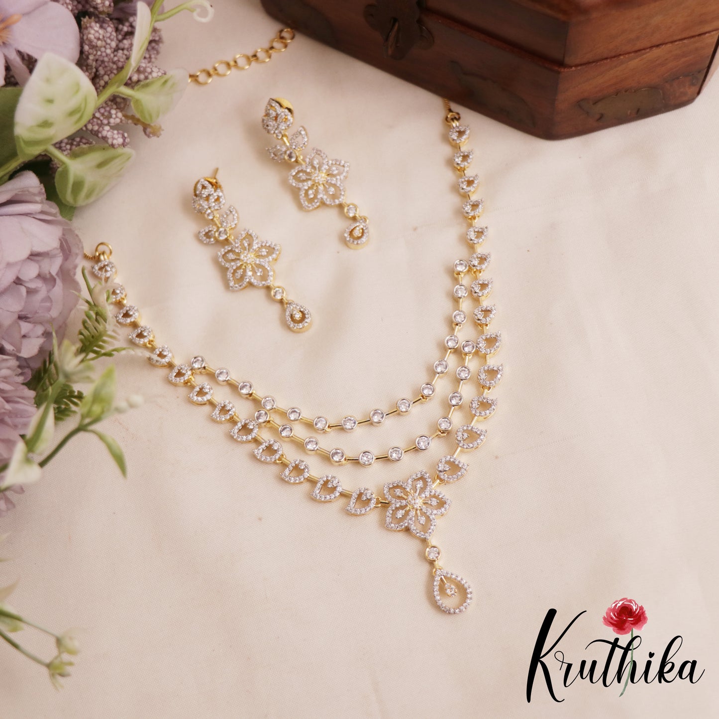Sparkling Floral Diamond-Finish Gold-Tone Multi Layered AD Necklace NC2896
