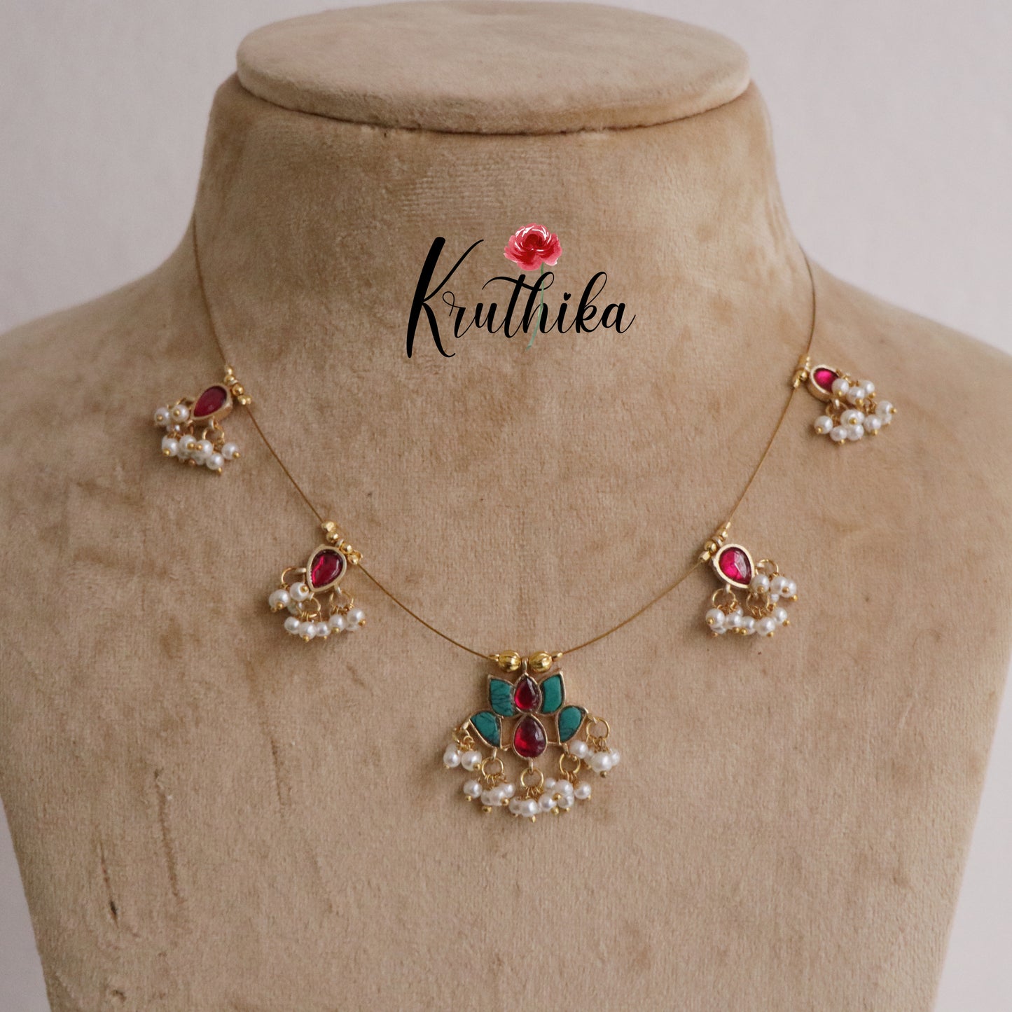 Beautiful Jadau Lotus Pendant Invisible Chain NC2185 (Available  in 3 Colours)