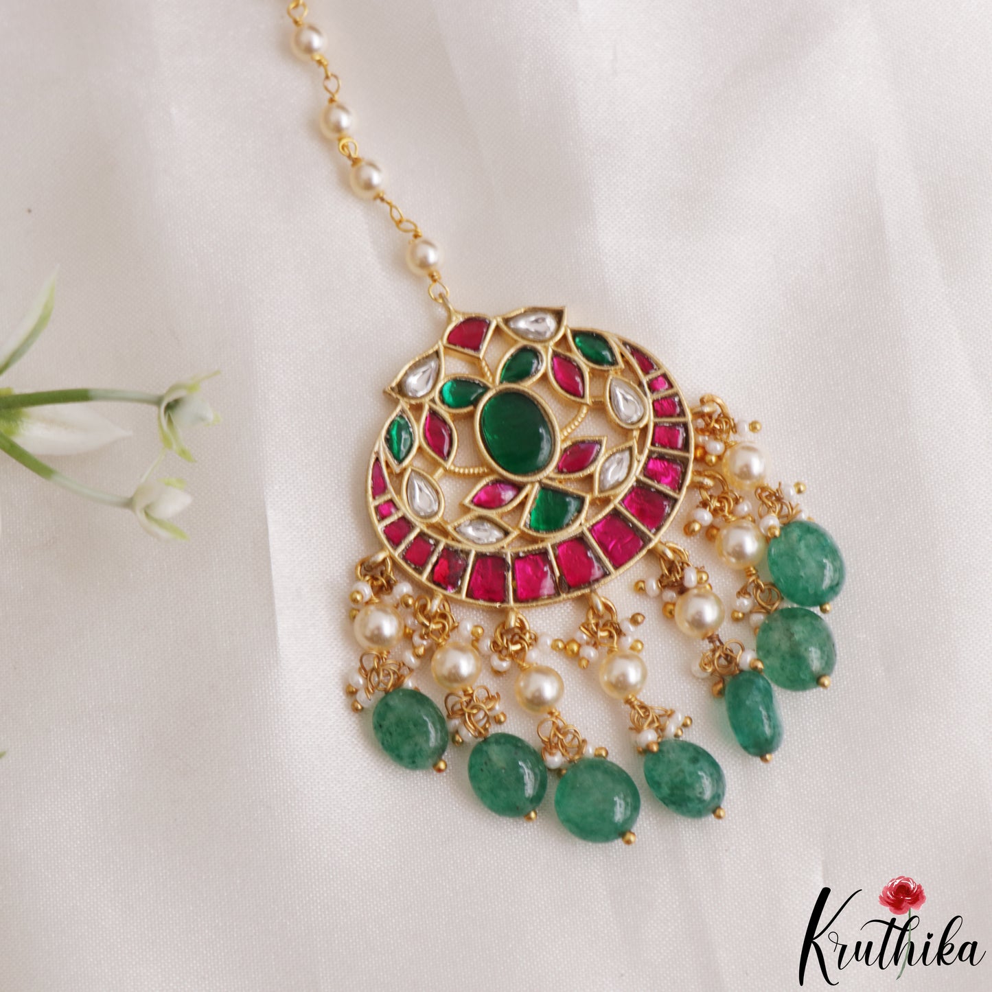 Elegant Teardrop Motifs Maang Tikka With Green Bead Drops MT391 (Available In 2 Colors)