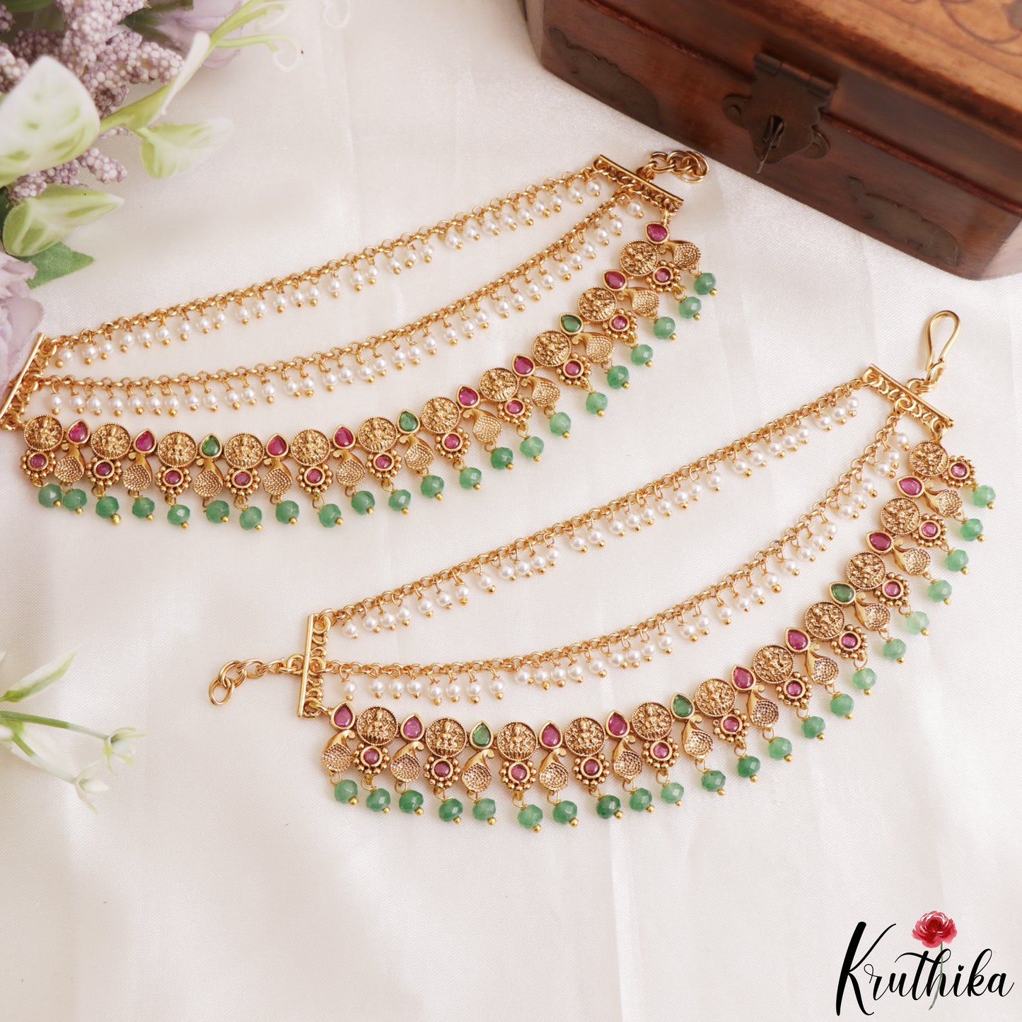 Gorgeous Lakshmi Coin Motifs Multi Strand Earchains With Golden Bead Drops EC231