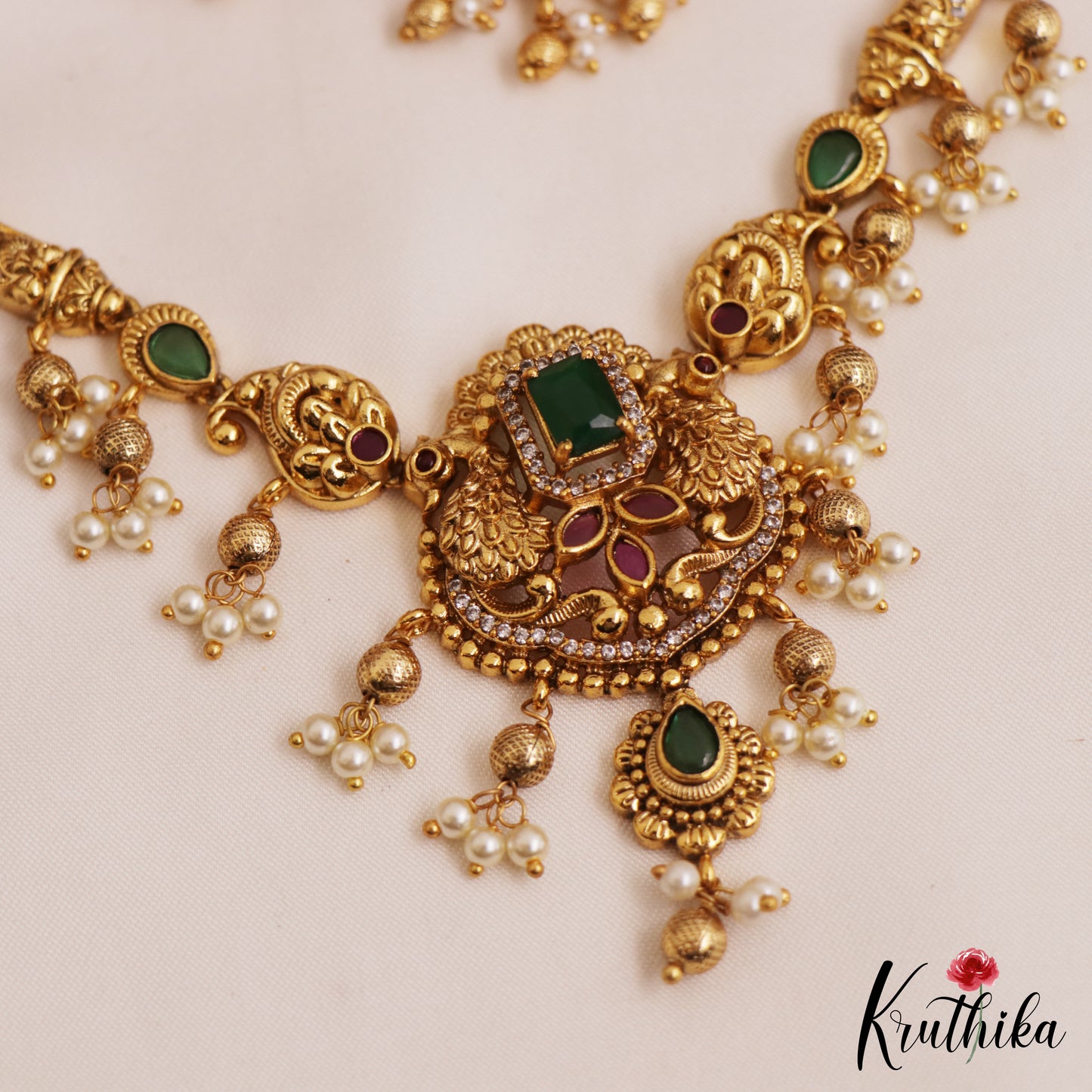 Elegant Antique Peacock Motifs Choker With Golden Bead Drops NC2784