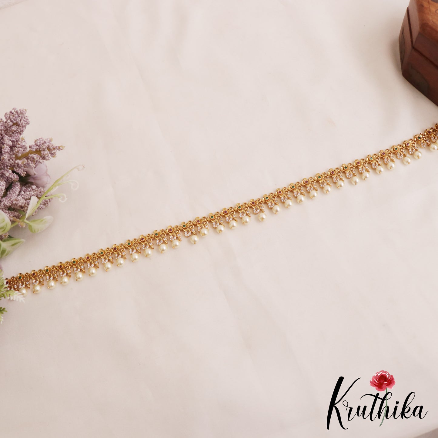 Pretty Floral Motifs Hip Chain With Pearl Drops V350
