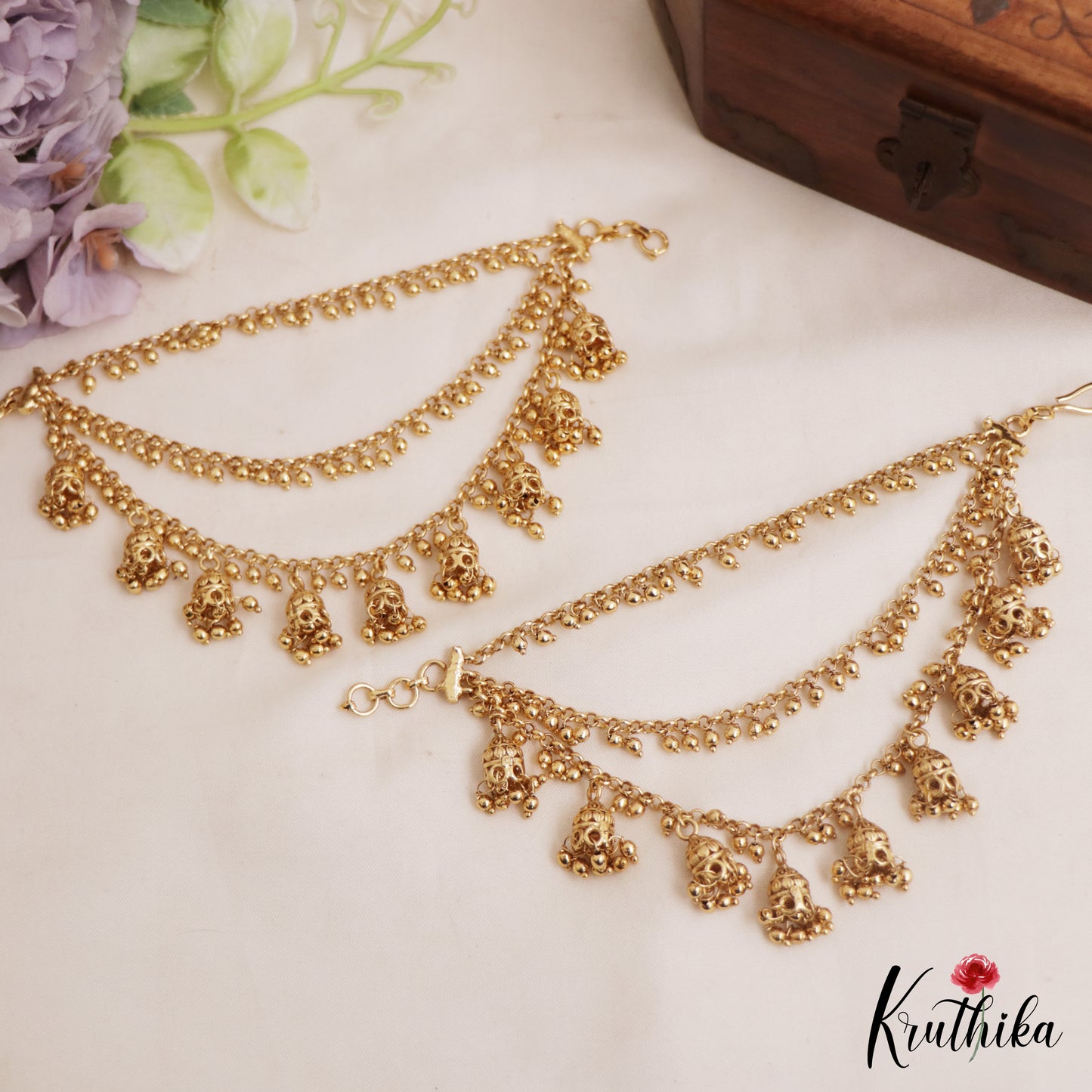 Beautiful Triple Strand Gold Bead Earchains With Jhumka EC204