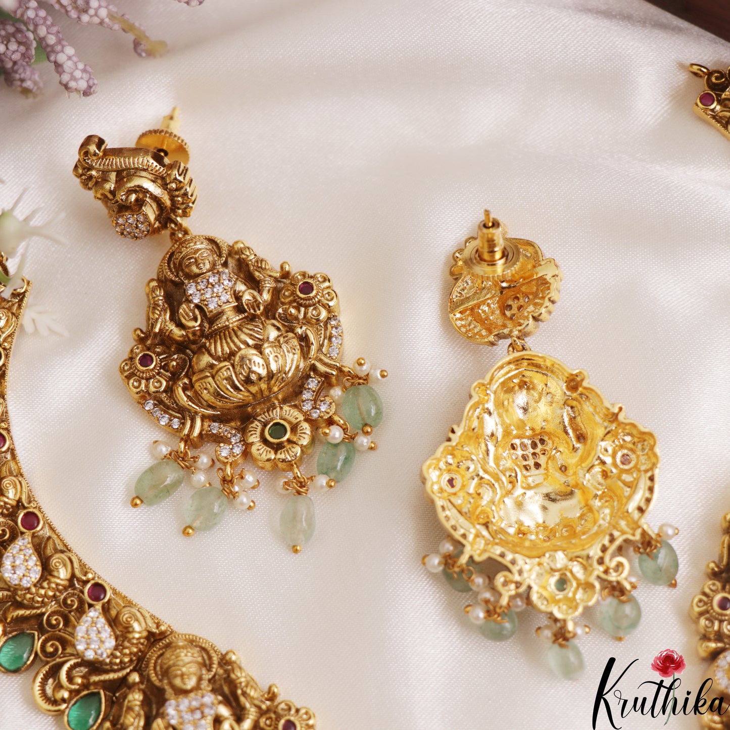 Premium Antique Nagas Lakshmi Peacock Motifs Necklace With Mint Green Bead Drops NC3078