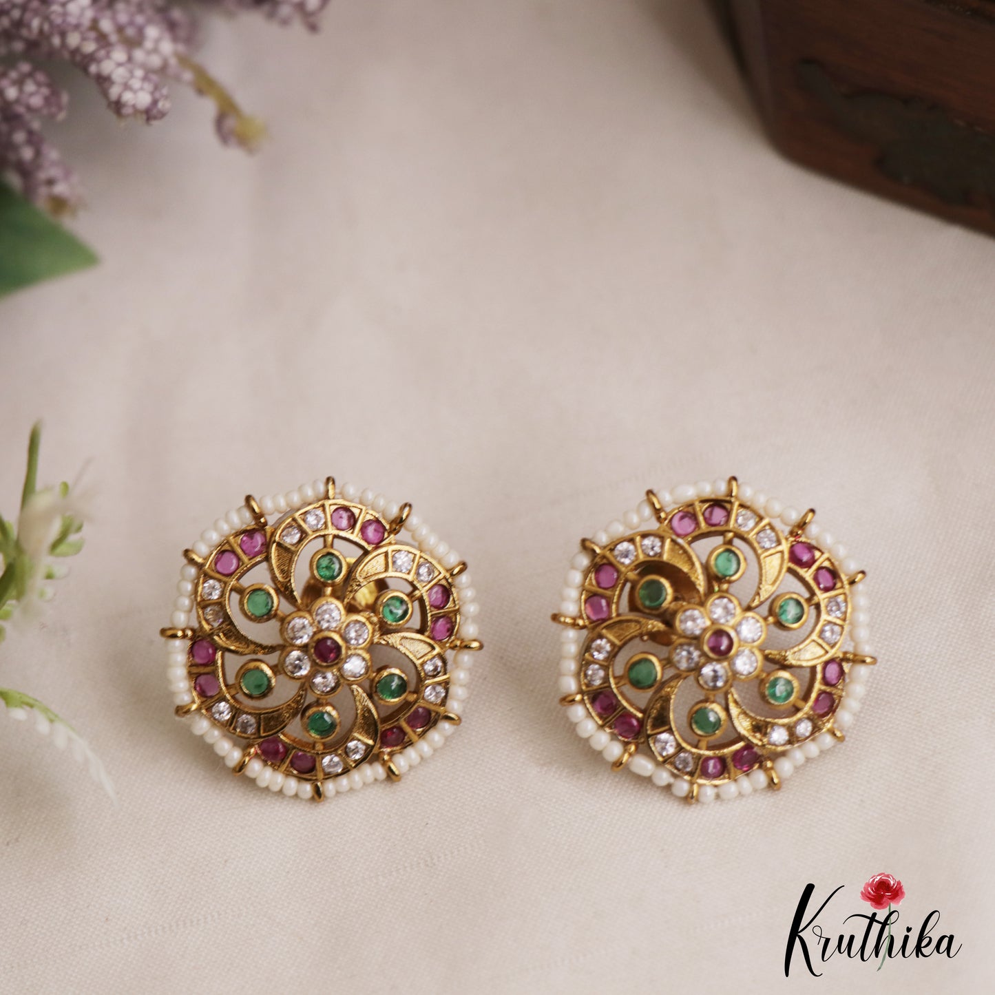Elegant Pearl Border Floral Stud Earrings E1088 (Available In 3 Colors)