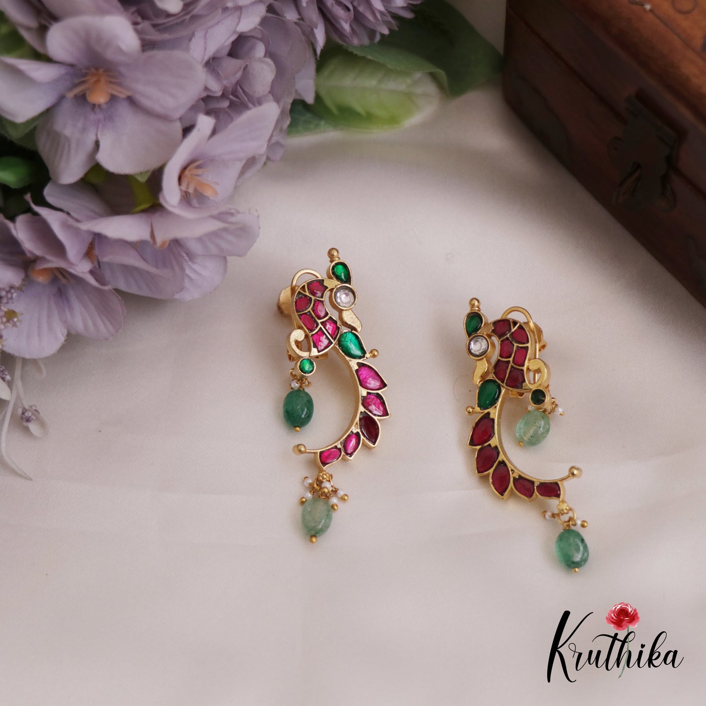 Beautiful Peacock Motifs Jadau Ear Climbers With Green Bead Drops E908