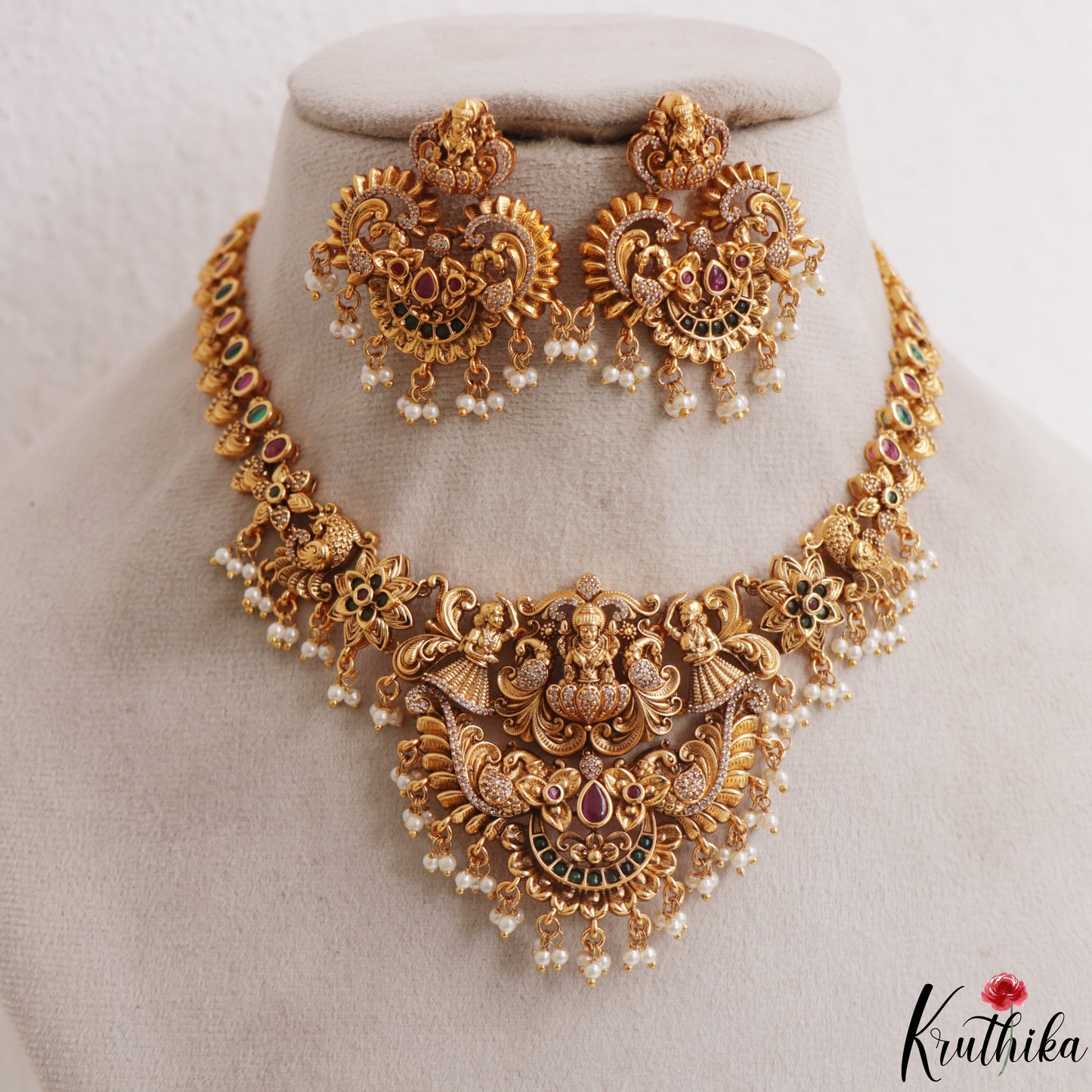 Classic Antique Lakshmi Peacock Motifs Temple Necklace With Pearl Drops NC3108