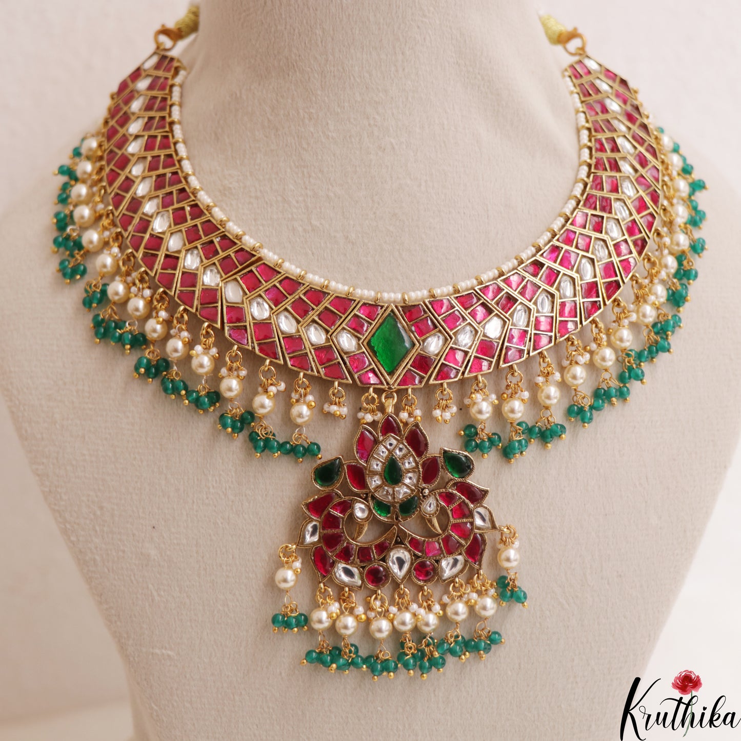 Gorgeous Geometric Peacock Motifs Jadau Necklace With Pearl Bead Drops NC3001