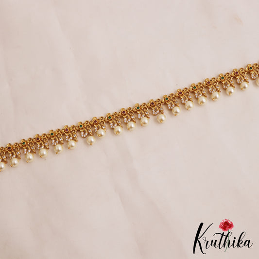 Pretty Floral Motifs Hip Chain With Pearl Drops V350