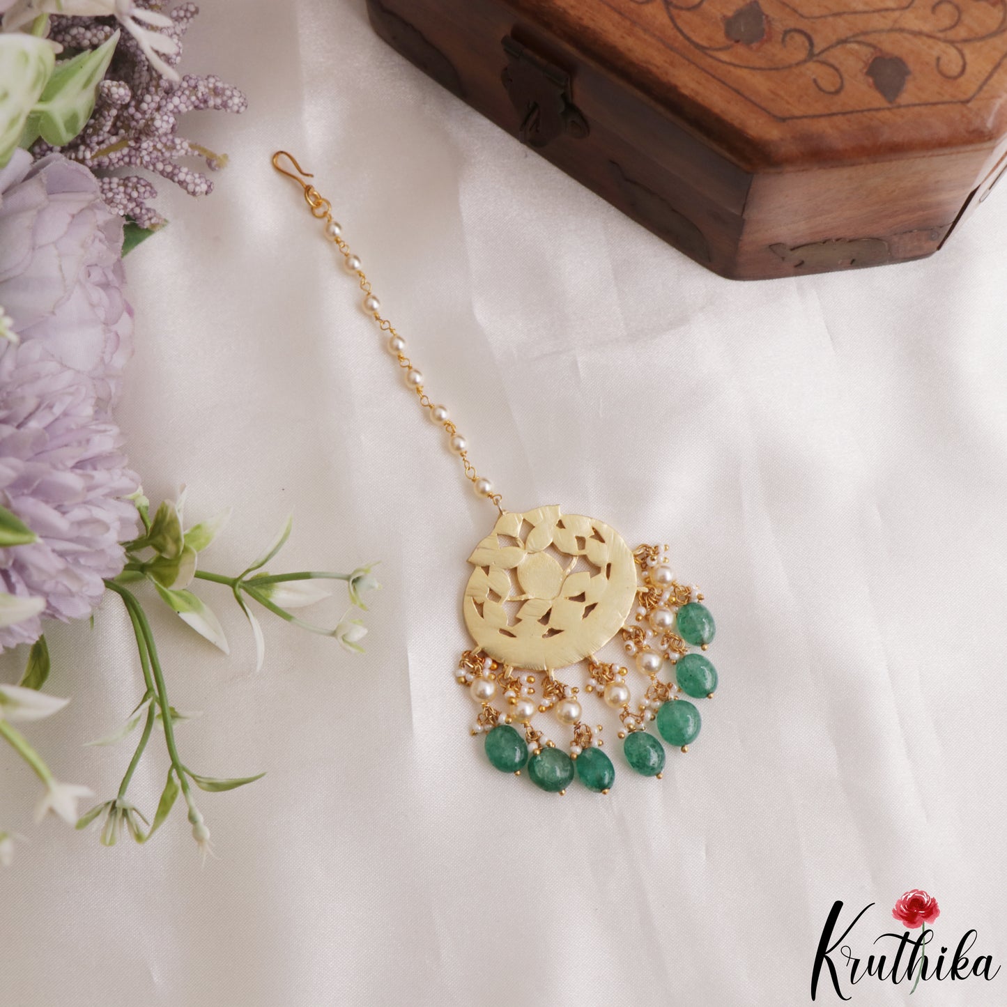 Elegant Teardrop Motifs Maang Tikka With Green Bead Drops MT391 (Available In 2 Colors)