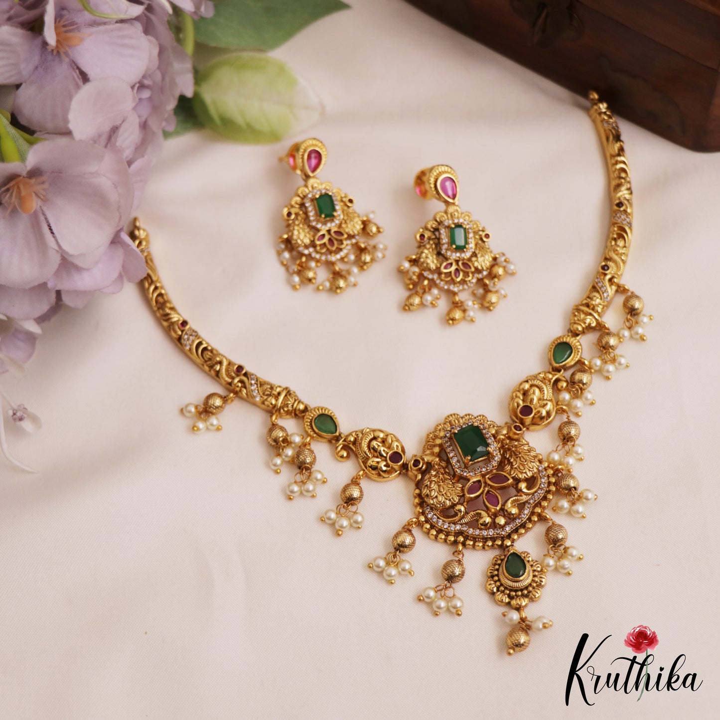 Elegant Antique Peacock Motifs Choker With Golden Bead Drops NC2784