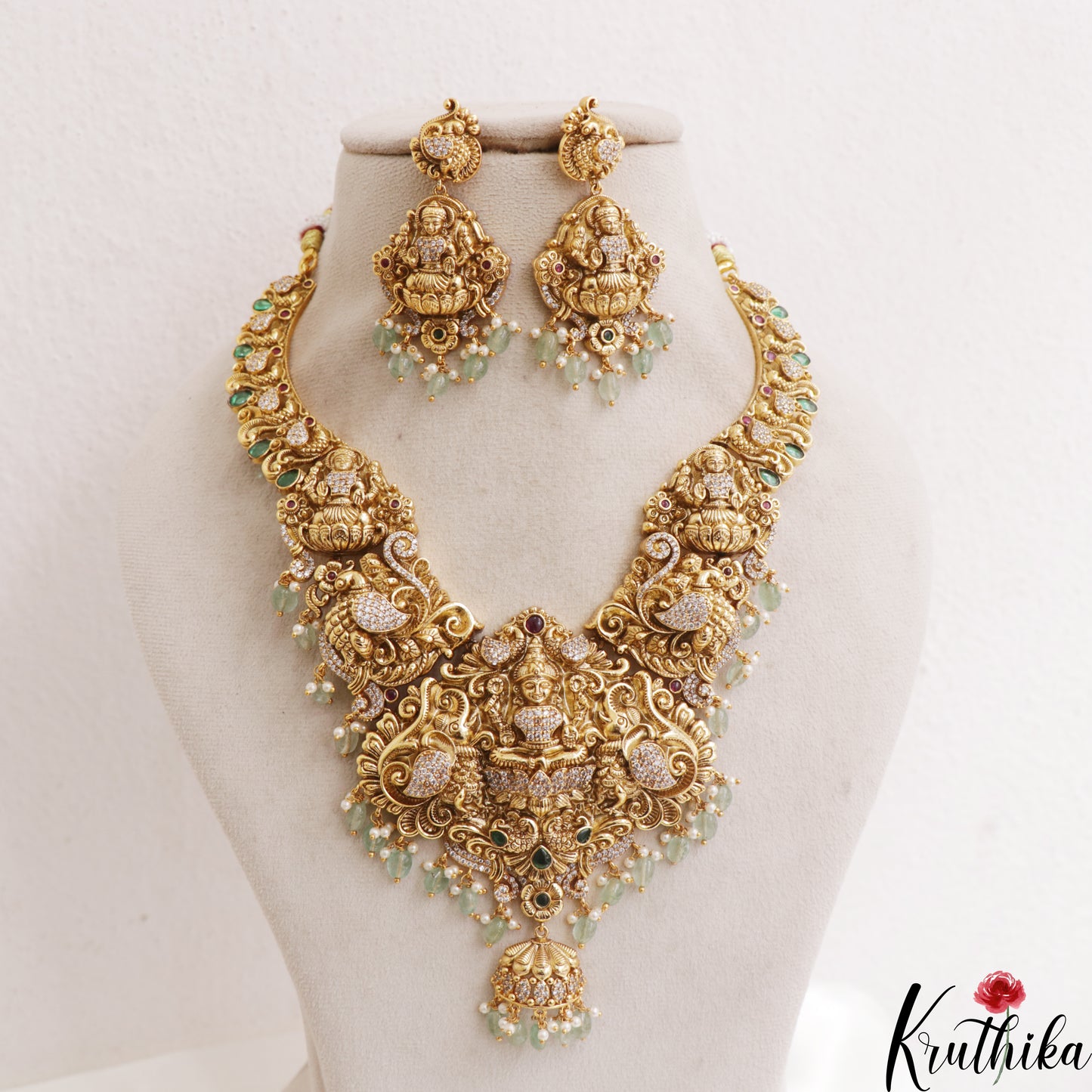 Premium Antique Nagas Lakshmi Peacock Motifs Necklace With Mint Green Bead Drops NC3078