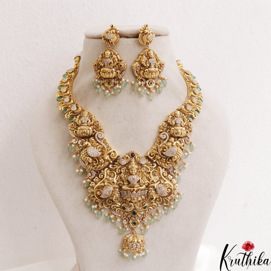 Premium Antique Nagas Lakshmi Peacock Motifs Necklace With Mint Green Bead Drops NC3078