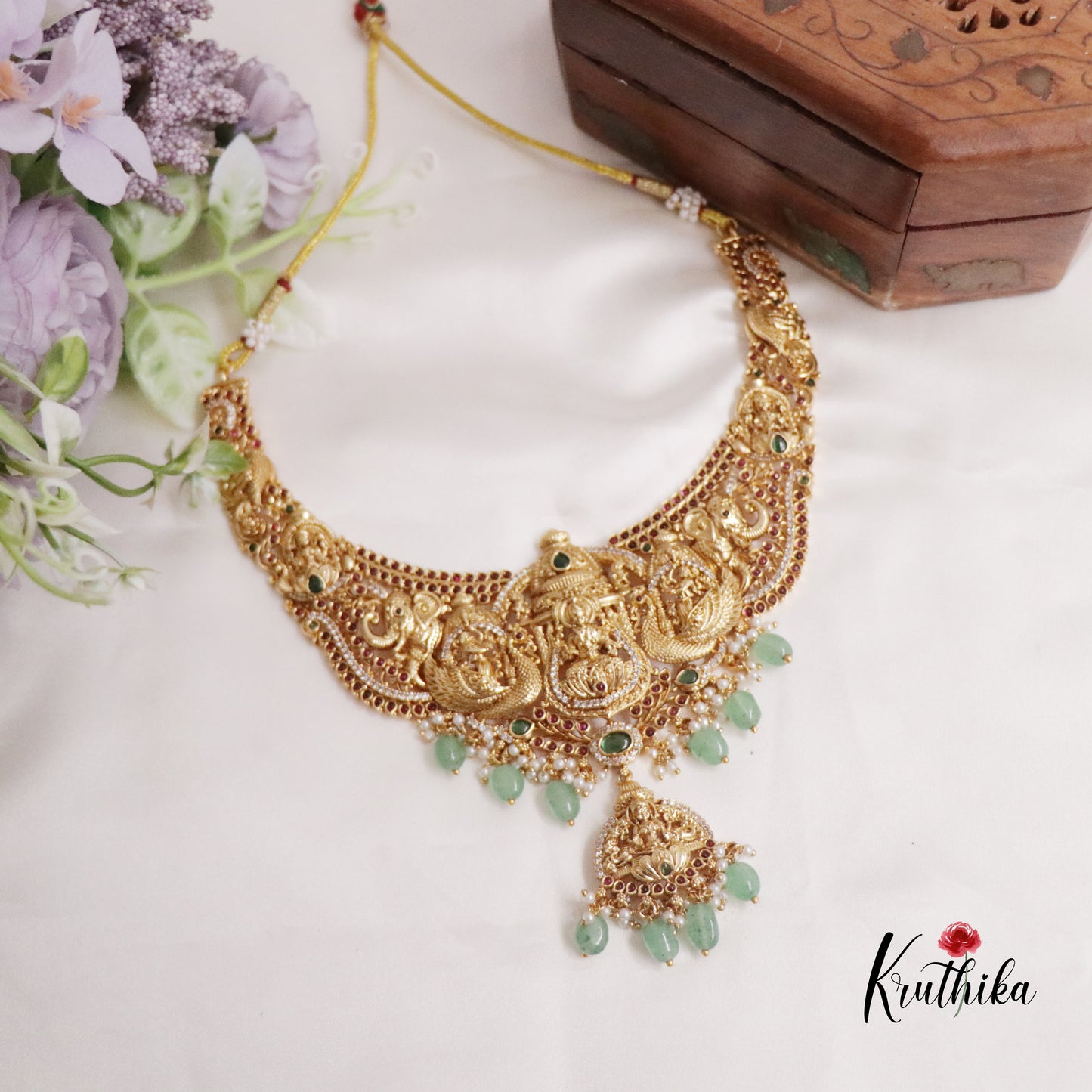 Premium Bridal Antique Temple Lakshmi Neckalce with Beads Drops NC2224 (Available in 2 Colors)