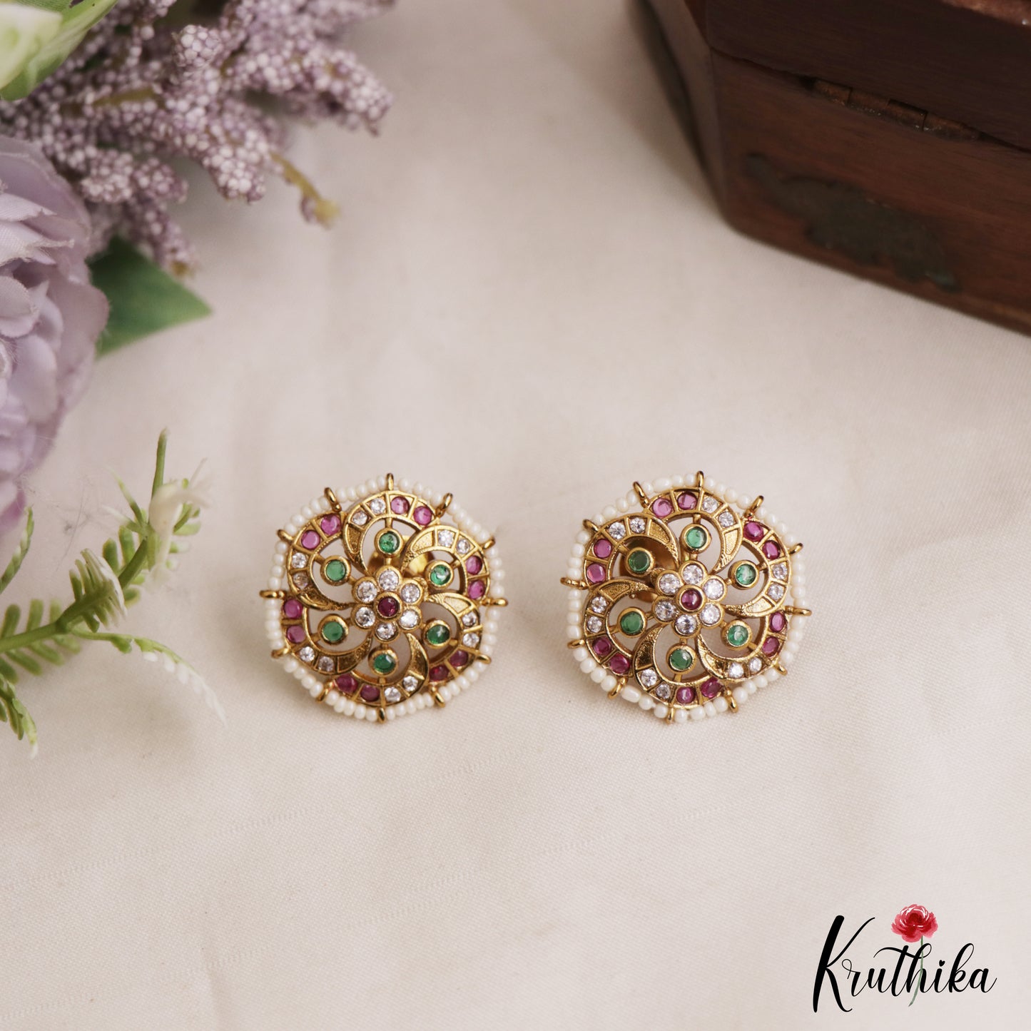 Elegant Pearl Border Floral Stud Earrings E1088 (Available In 3 Colors)