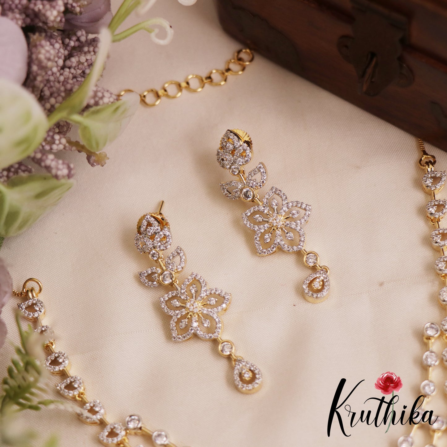 Sparkling Floral Diamond-Finish Gold-Tone Multi Layered AD Necklace NC2896