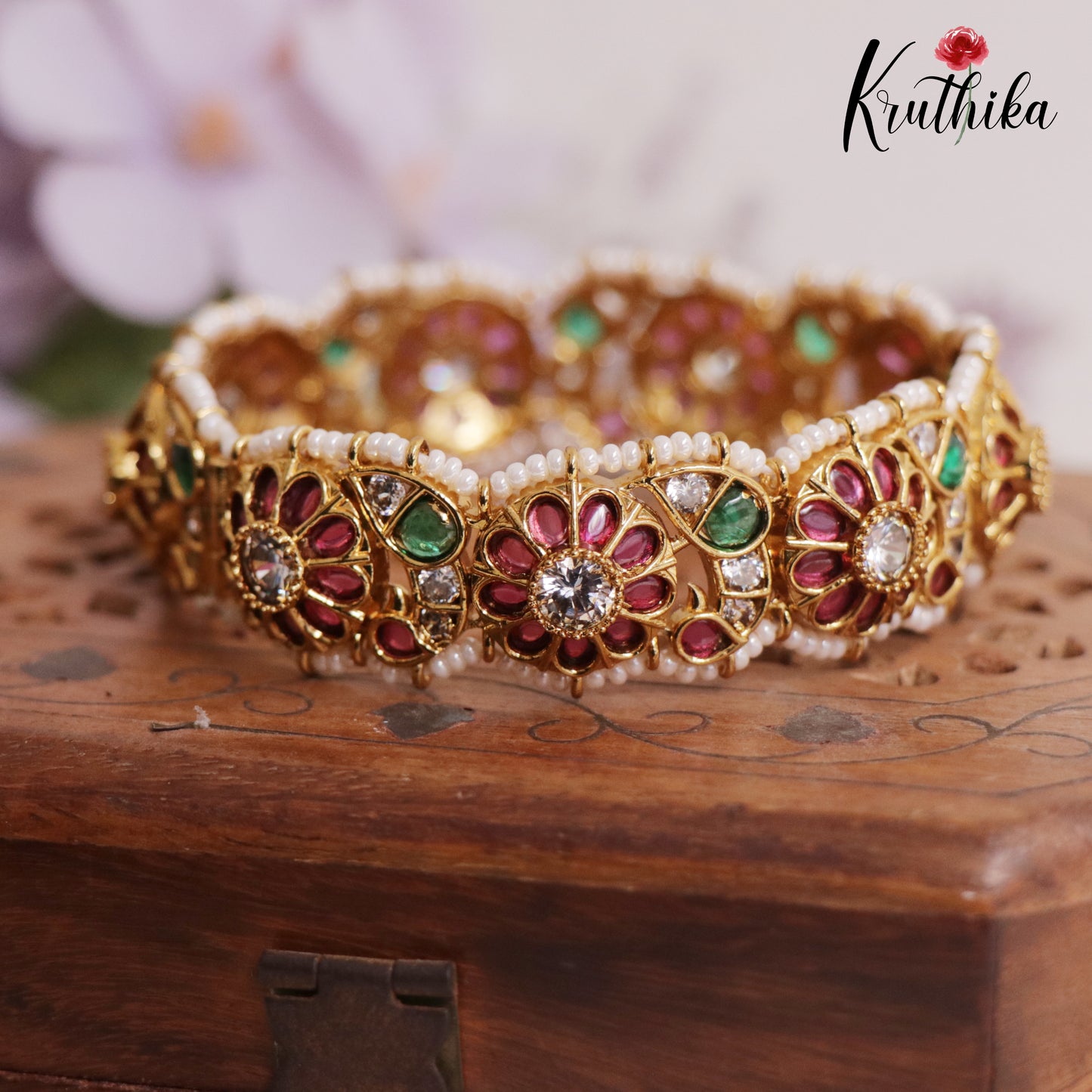 Royal Ruby Floral Kemp Openable Single Kada B320 (Available in 3 Colours)