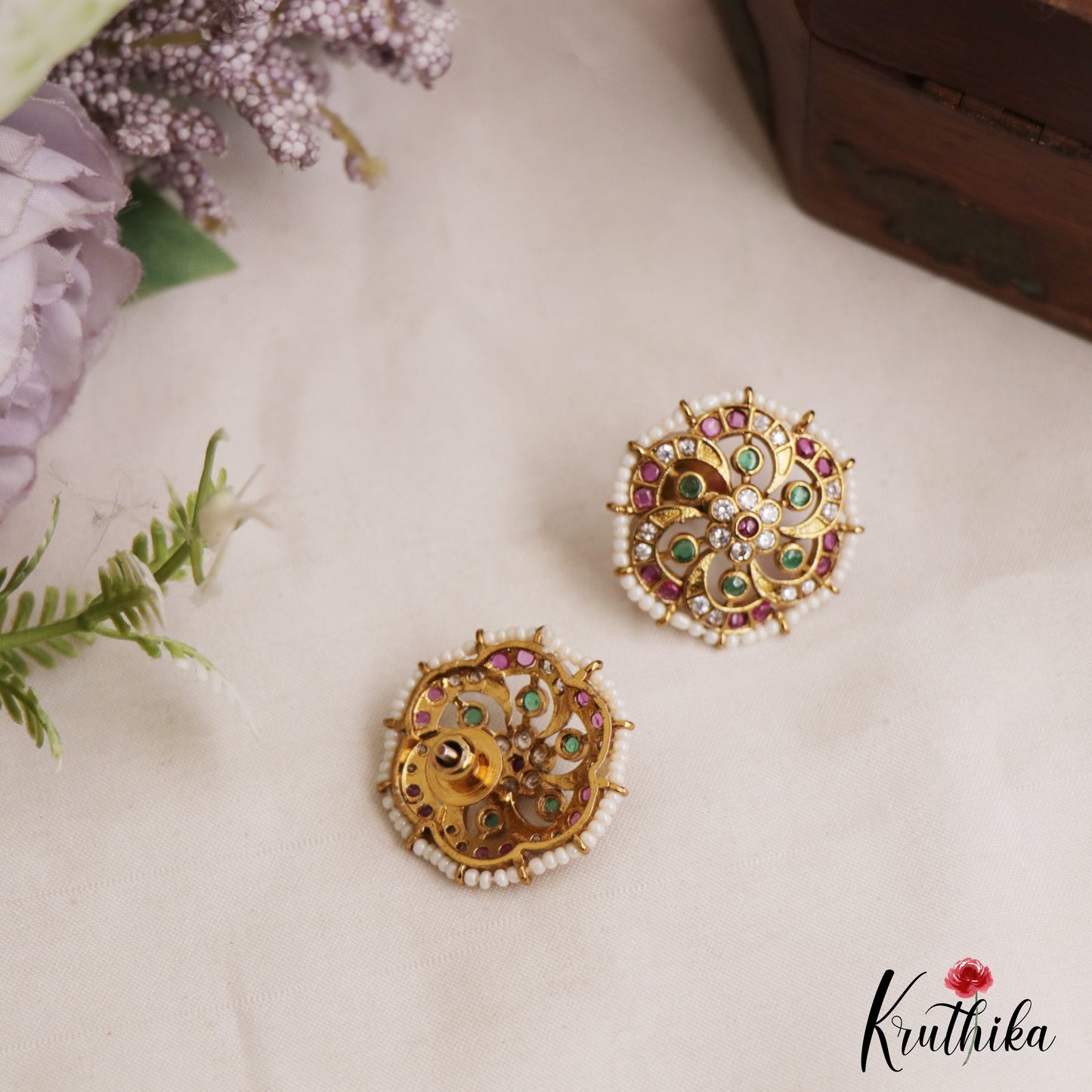 Elegant Pearl Border Floral Stud Earrings E1088 (Available In 3 Colors)