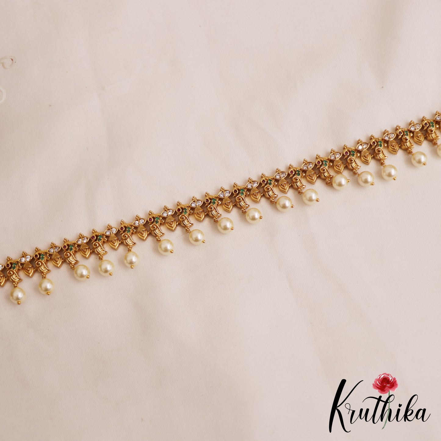 Classic Peacock Motifs Hip Chain With Pearl Drops V351