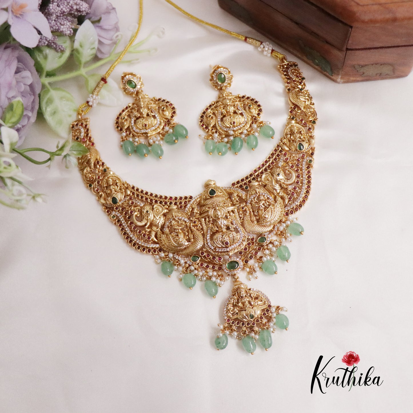 Premium Bridal Antique Temple Lakshmi Neckalce with Beads Drops NC2224 (Available in 2 Colors)