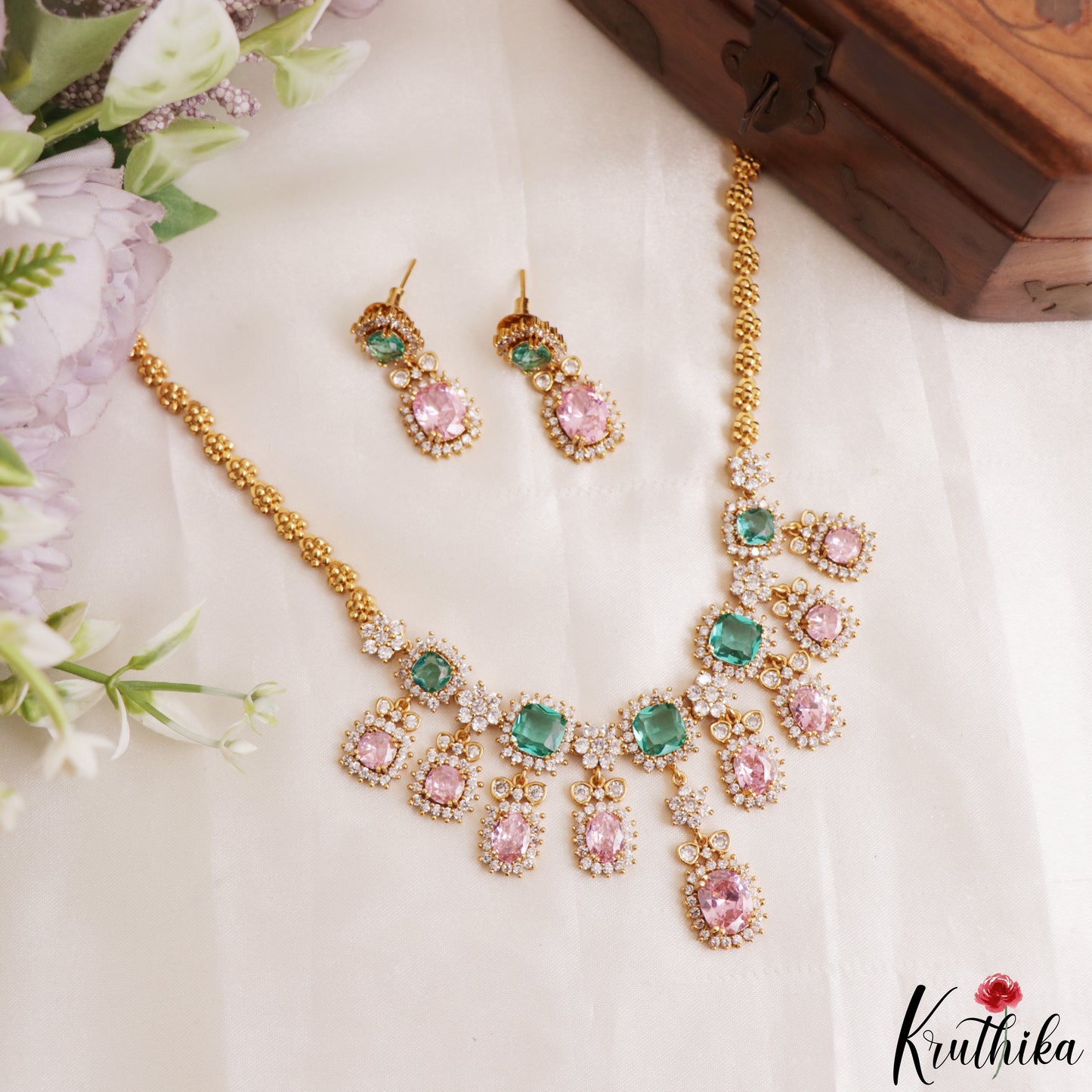 Sparkling Floral Geometric Motifs CZ Victorian Necklace NC3211