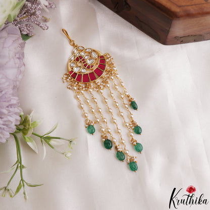 Classic Peacock Motifs Maang Tikka With Green Bead Drops MT392 (Available In 2 Colors)