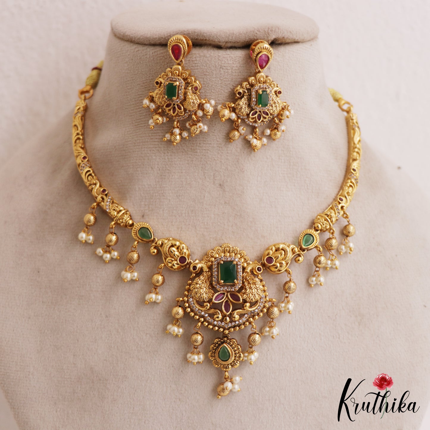 Elegant Antique Peacock Motifs Choker With Golden Bead Drops NC2784