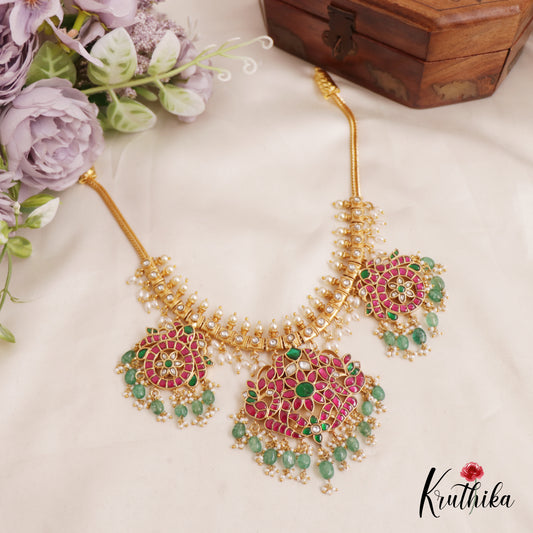 Premium Floral Jadau Necklace With Pearl And Bead Drops NC2572