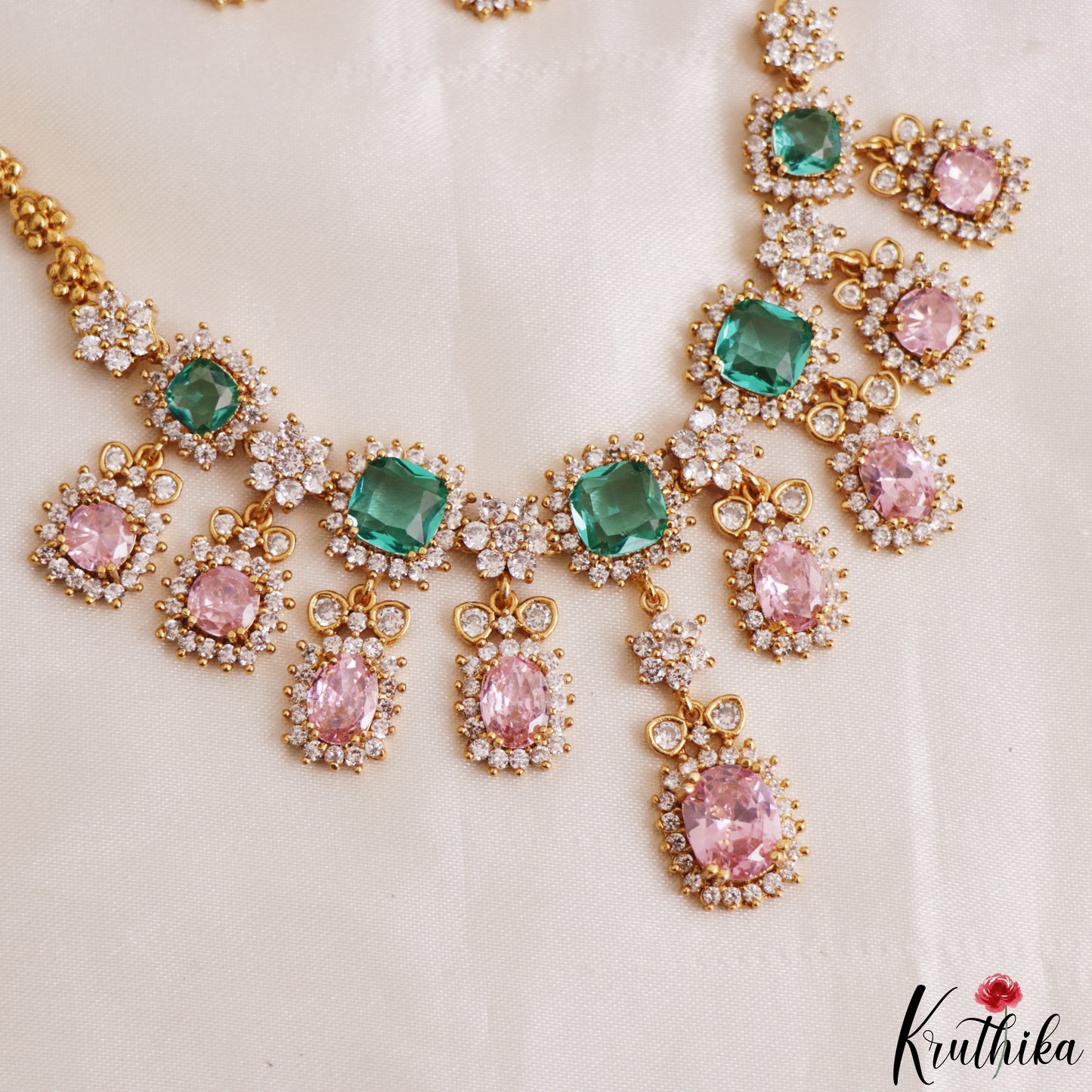 Sparkling Floral Geometric Motifs CZ Victorian Necklace NC3211