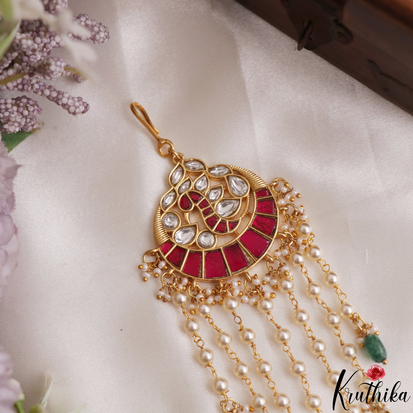 Classic Peacock Motifs Maang Tikka With Green Bead Drops MT392 (Available In 2 Colors)