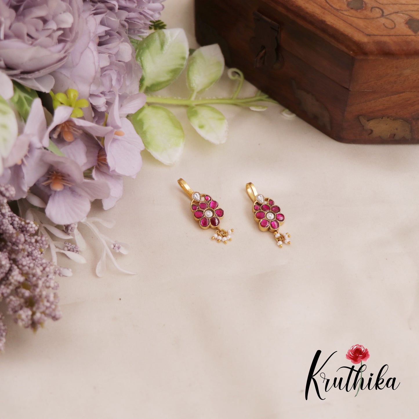 Beautiful Jadau Floral Earcuffs | Upper Earrings | Bugadi Earrings With Pearl Drops E831