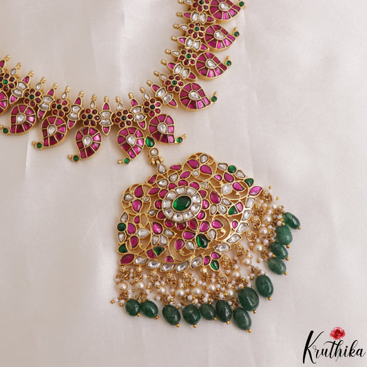 Gorgeous Mango Floral Motifs Jadau Haaram With Green Bead Drops LH2146