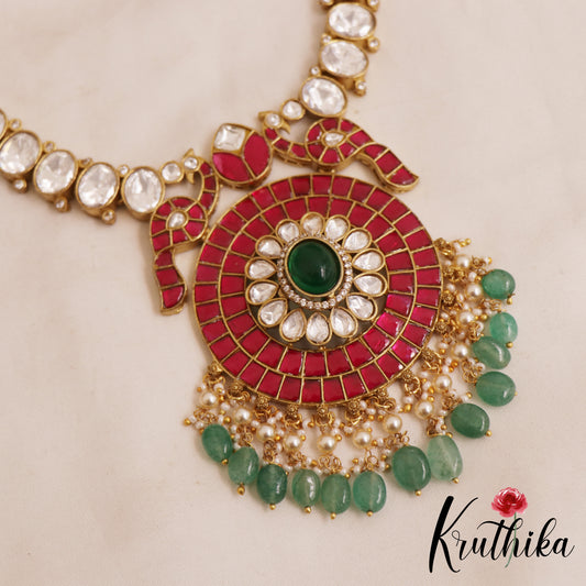 Stunning Floral Peacock Motifs Jadau Pendant With Polki Necklace NC2890