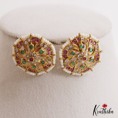 Elegant Pearl Border Floral Stud Earrings E1088 (Available In 3 Colors)