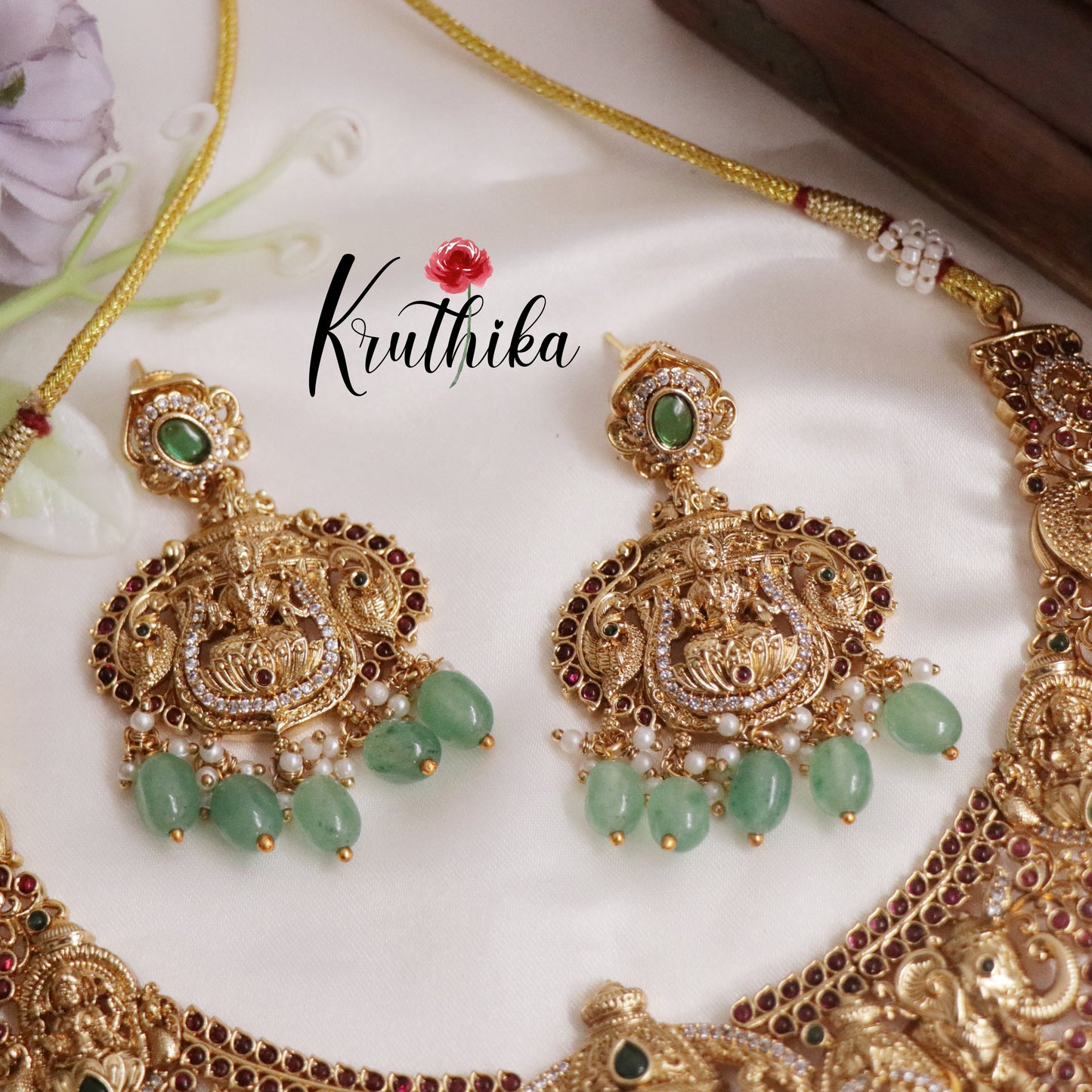 Premium Bridal Antique Temple Lakshmi Neckalce with Beads Drops NC2224 (Available in 2 Colors)