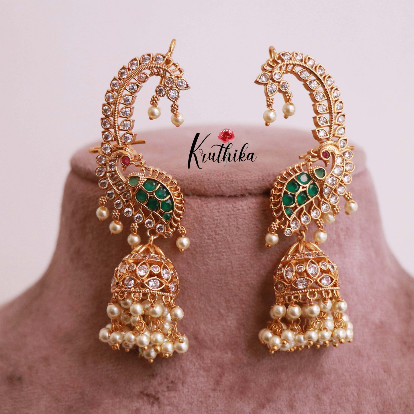 Beautiful AD Peacock Ear cuff jhumkas E460 (Available in two colors)