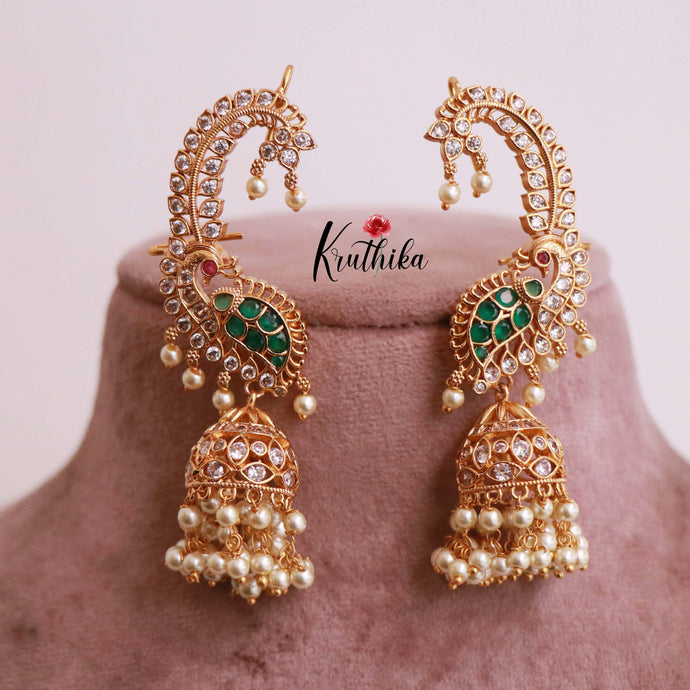 Beautiful AD Peacock Ear cuff jhumkas E460 (Available in two colors)
