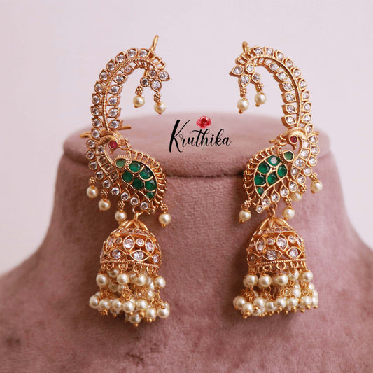 Beautiful AD Peacock Ear cuff jhumkas E460 (Available in two colors)