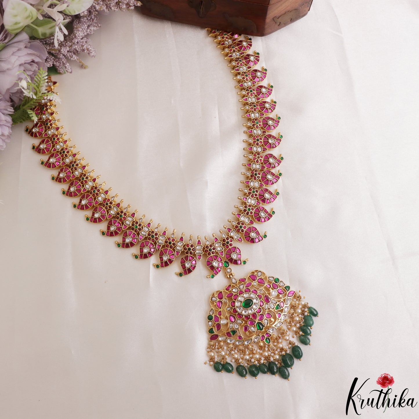 Gorgeous Mango Floral Motifs Jadau Haaram With Green Bead Drops LH2146