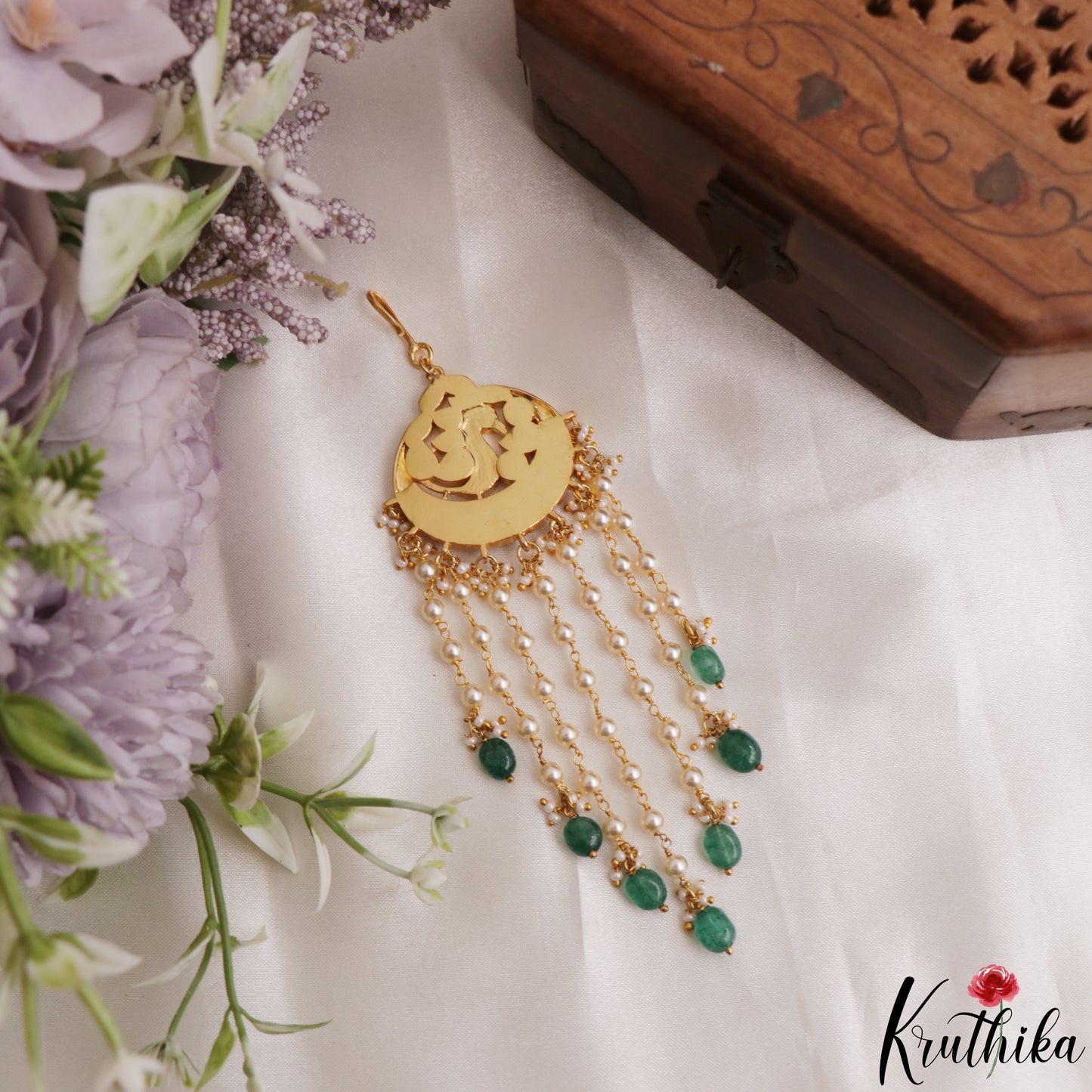 Classic Peacock Motifs Maang Tikka With Green Bead Drops MT392 (Available In 2 Colors)