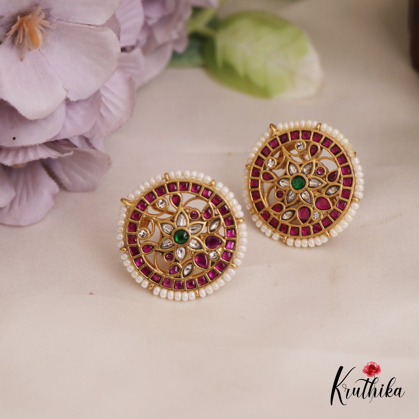 Elegant Pearl Border Floral Teardrop Motifs Jadau Stud Earrings E949