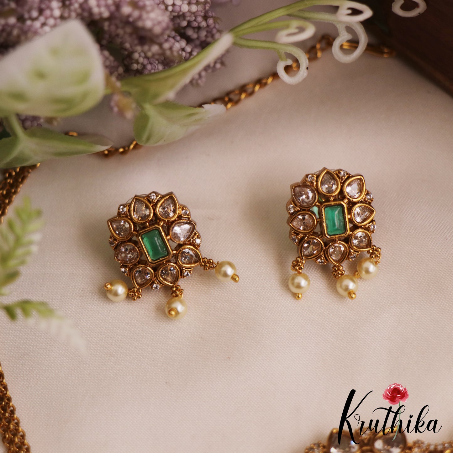Elegant Floral Motifs AD Choker With Pearl Drops NC2811 (Available In 2 Colors)