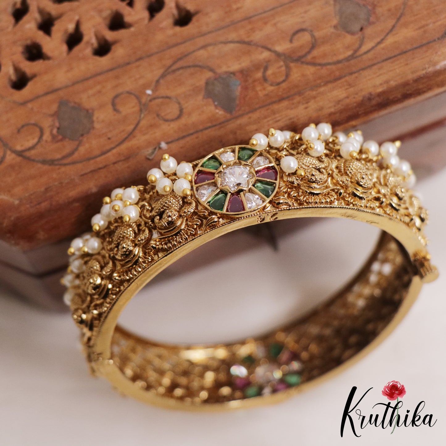 Heritage Antique Gold Navaratna Pearl Single Openable  Kada B321