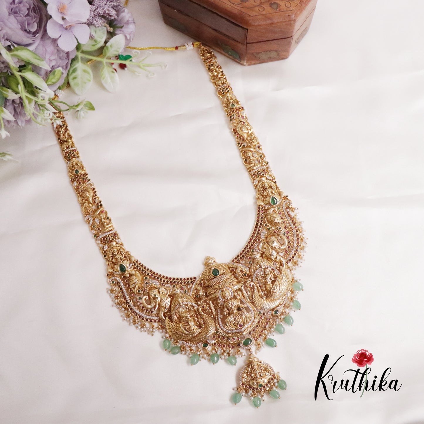 Premium Bridal Antique Temple Lakshmi Haaram with Beads Drops LH1945 (Available in 2 Colors)