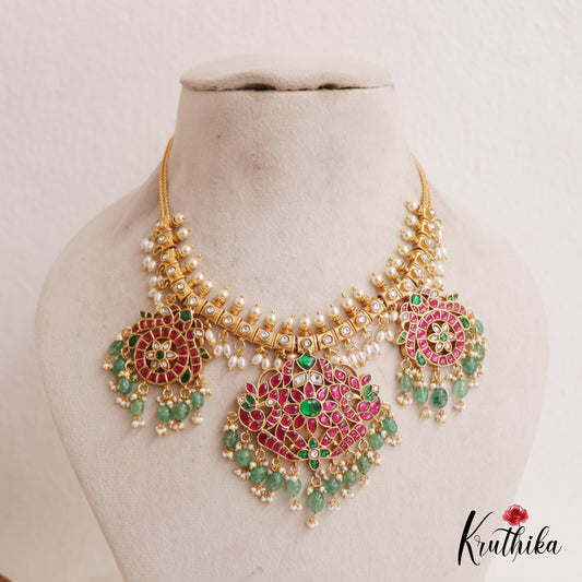 Premium Floral Jadau Necklace With Pearl And Bead Drops NC2572
